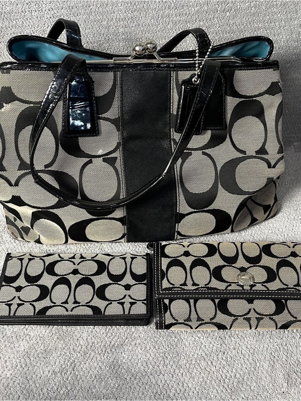 Y2k Coach Black Signature Canvas Tote f13533 w Matching Wallet checkbook cover